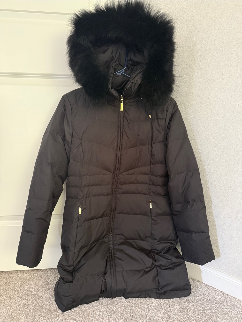 Ellen Tracy Black Quilted Hooded Puffer Coat with Faux Fur Trim